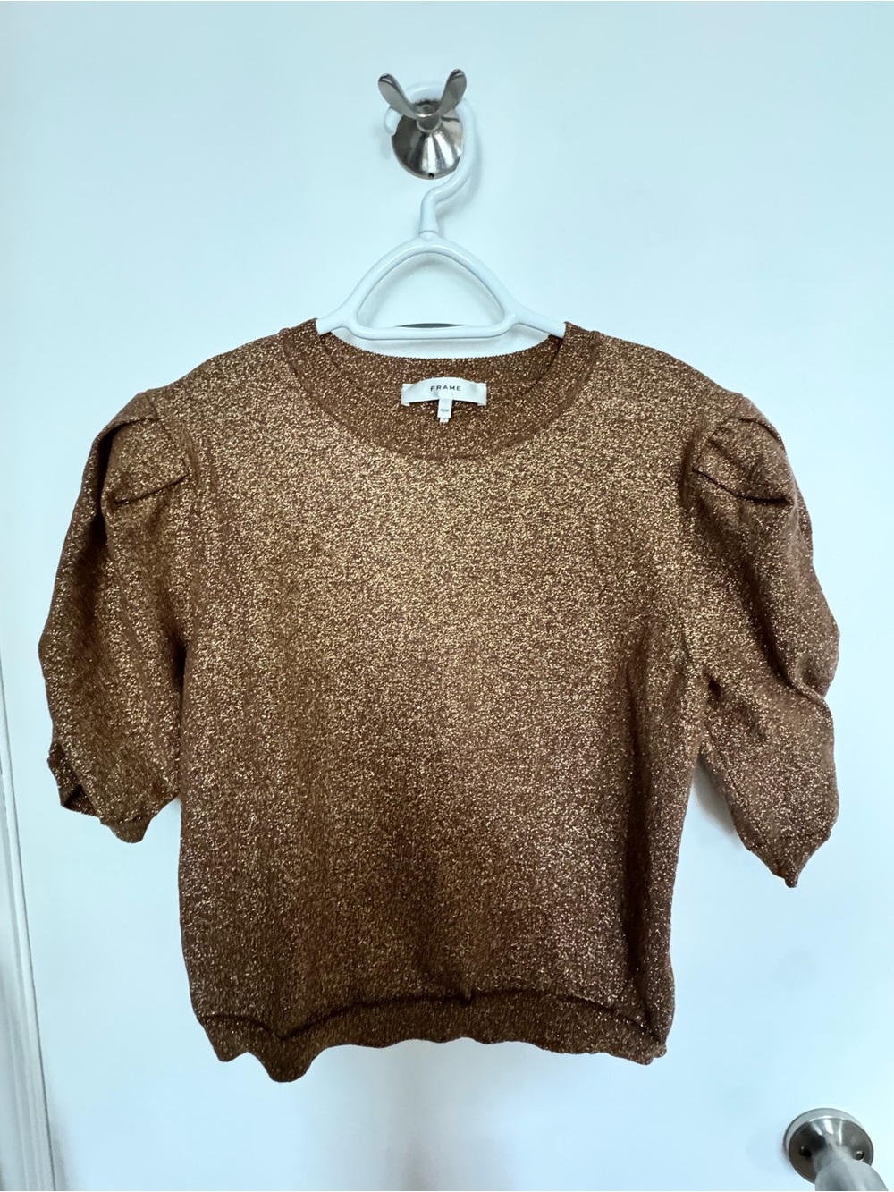 Frame Denim Metallic Bronze Puff Sleeve Sweater